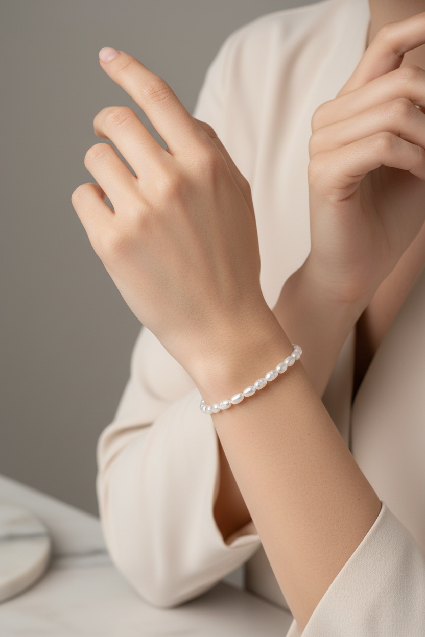 Female model wearing rice pearl bracelet - close-up