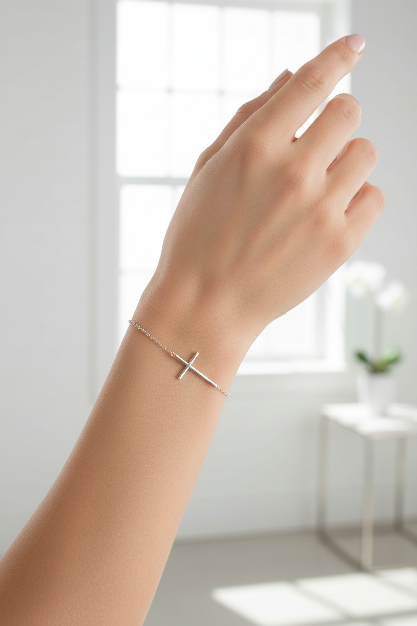Female model wearing sideways cross bracelet - side angle