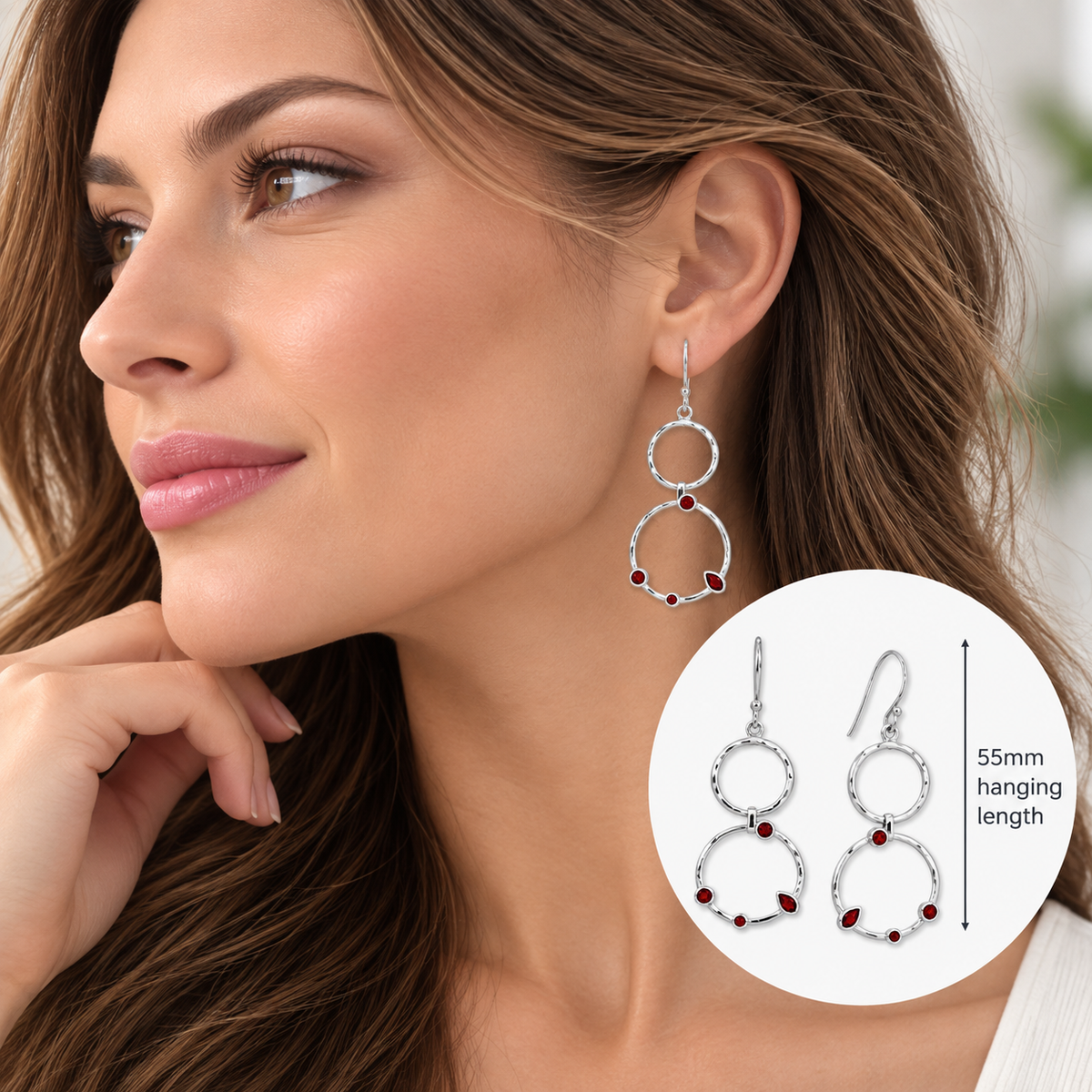 Garnet Hammered Circle Drop Earrings Rhodium Plated 925 Sterling Silver 55mm