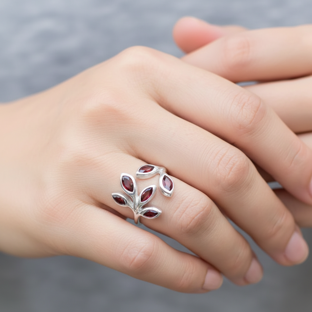 Five Stone Marquise Garnet Olive Leaf Bypass Open Silver Ring Different Female Hand Lifestyle 1x1