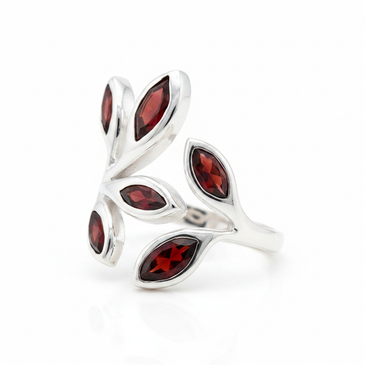 Five Stone Marquise Garnet Olive Leaf Bypass Open Silver Ring Pure White Background Tilted Reflection 1x1