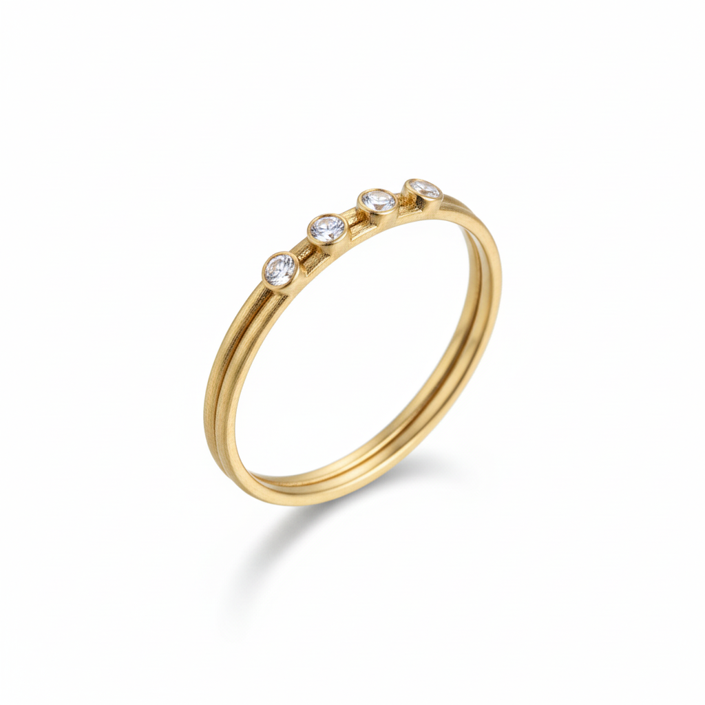 Four CZ Double Band Gold Ring Angled White Background HD