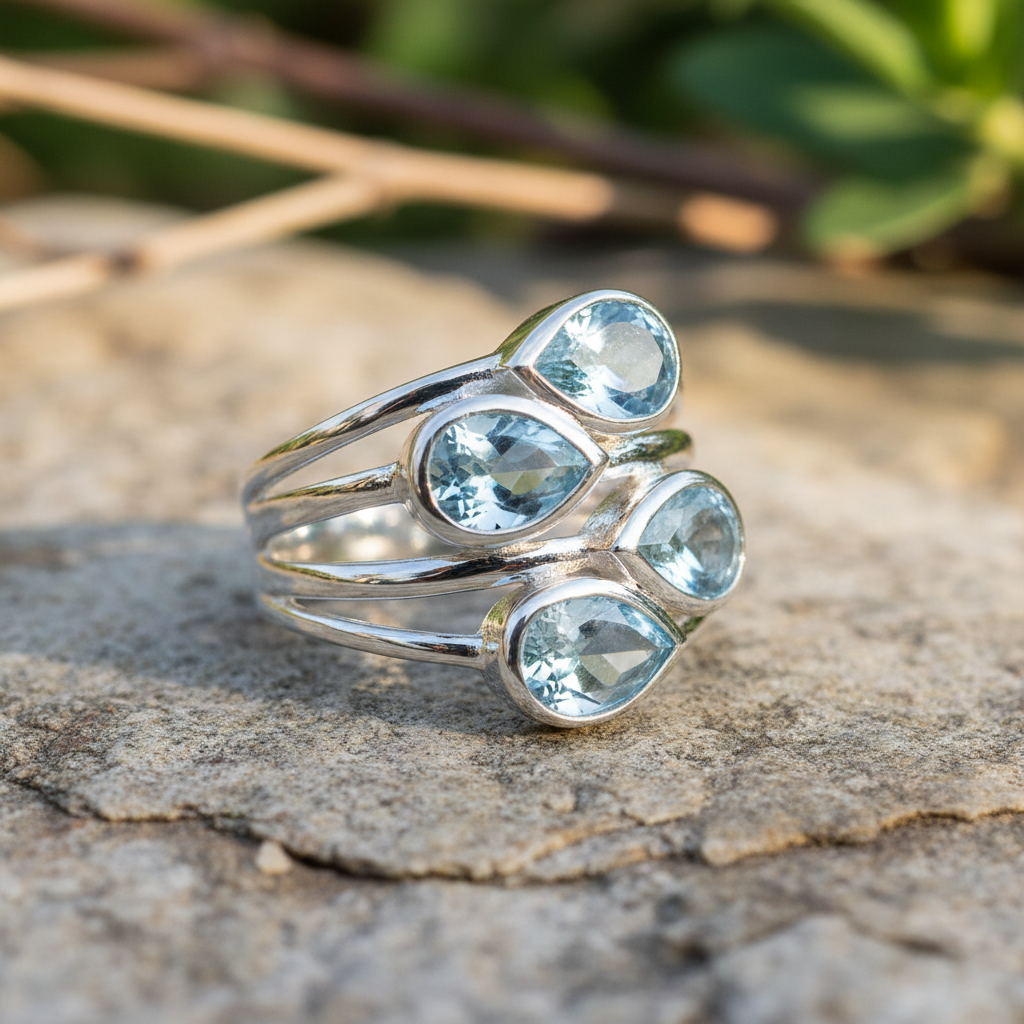 Four Stone Blue Topaz Multi-Band Silver Ring Natural Stone Background 1x1