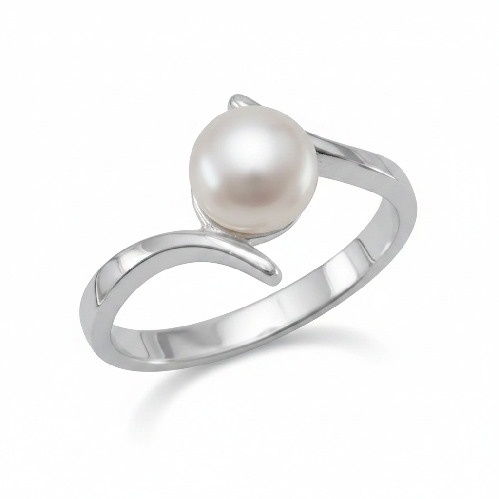 Freshwater Pearl Bypass Silver Ring Front Reference Pure White Background Tilted Reflection 1x1