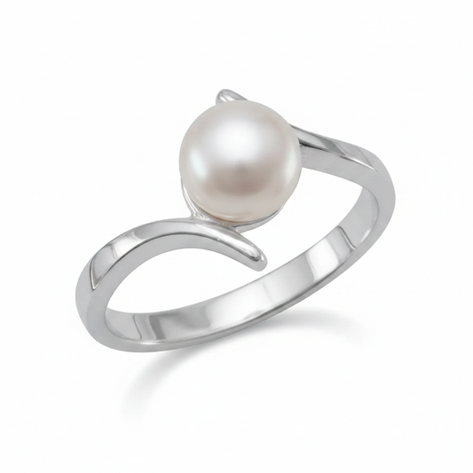 Freshwater Pearl Bypass Silver Ring Front Reference Pure White Background Tilted Reflection 1x1