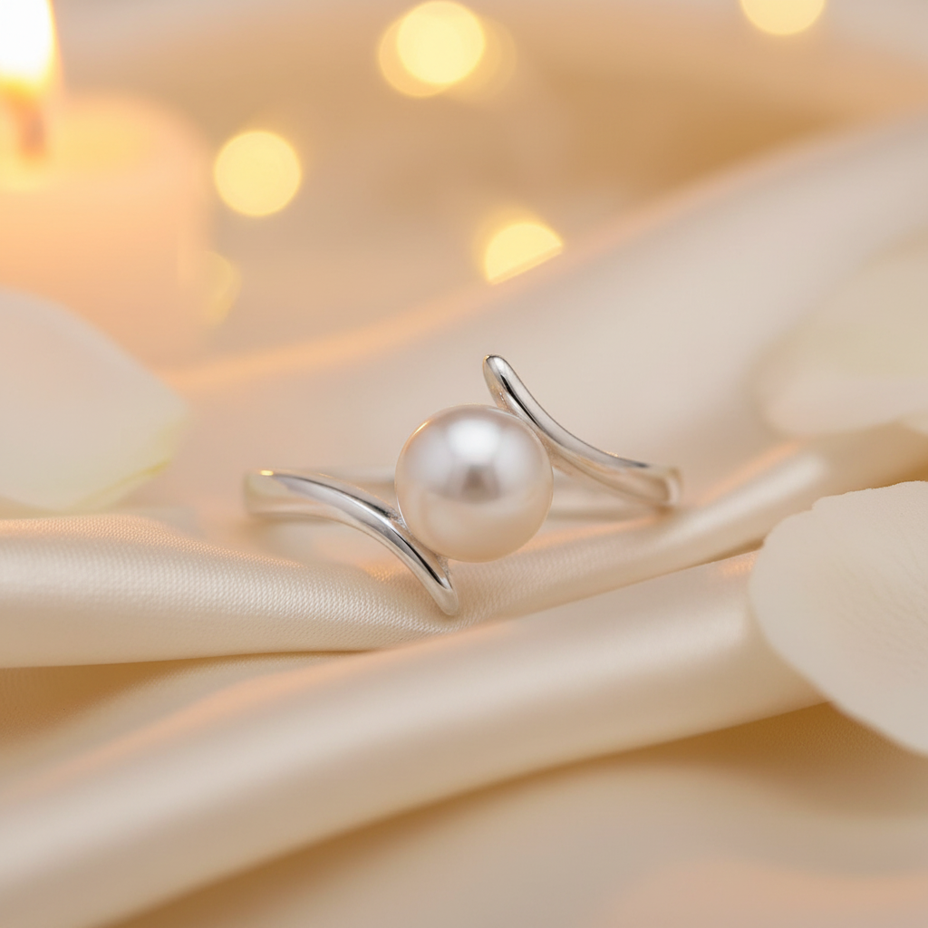 Freshwater Pearl Bypass Silver Ring Warm Golden Bokeh Romantic Atmospheric Lighting Silk Fabric Rose Petals 1x1