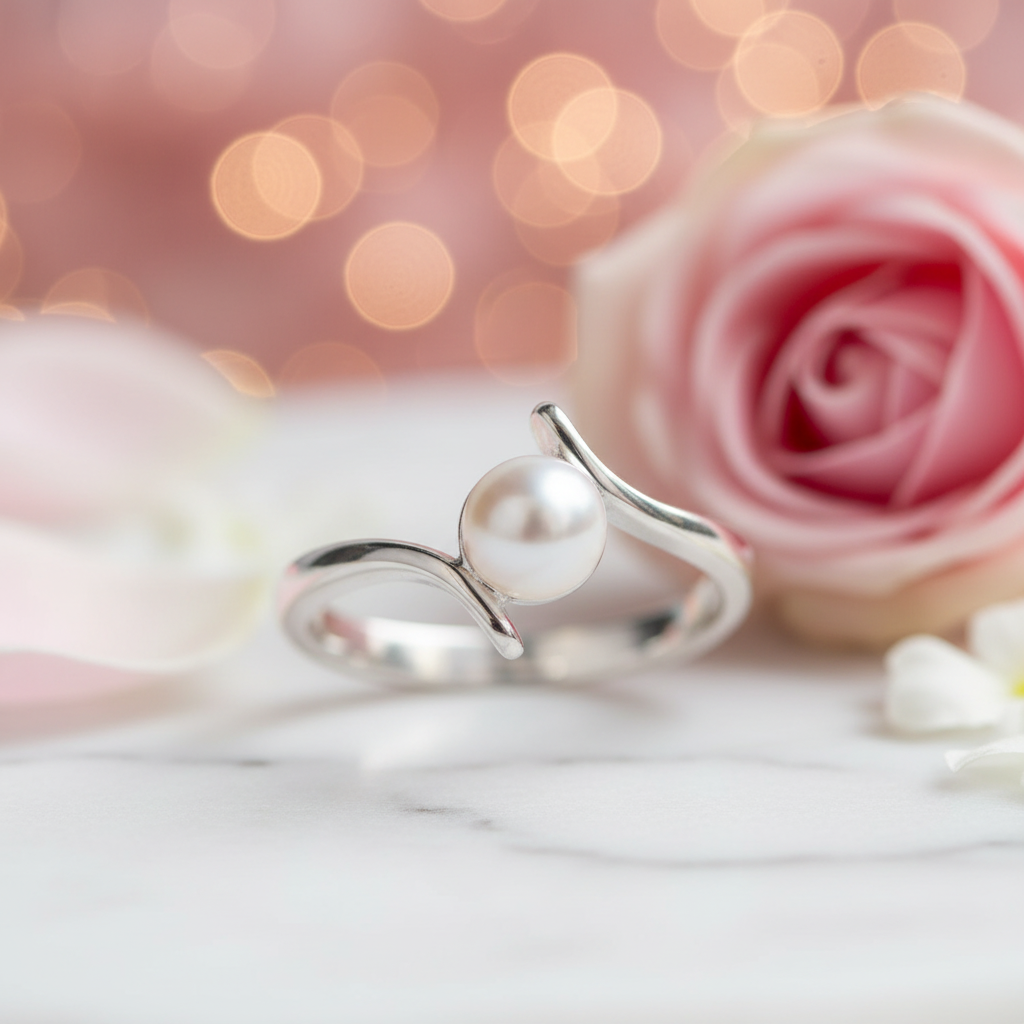 Freshwater Pearl Bypass Silver Ring White Marble Pink Rose Petals Pink Gold Bokeh New Background 1x1