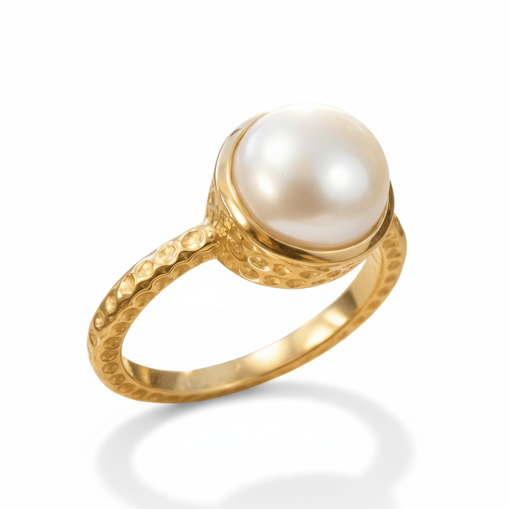 Freshwater Pearl Closed Bezel Hammered Gold Ring Pure White Background 1x1