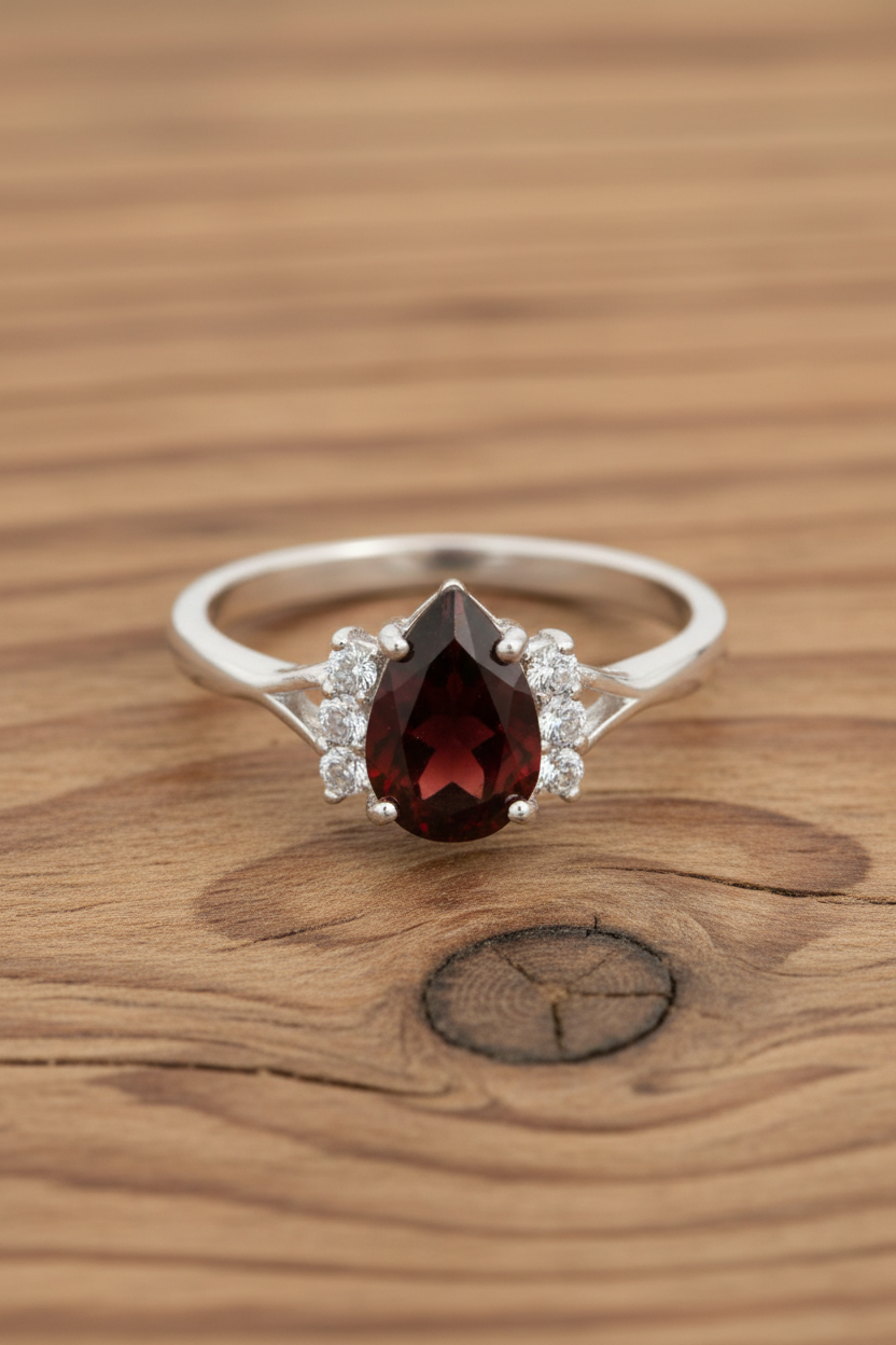 Garnet Pear Cut Silver Ring Wood Background