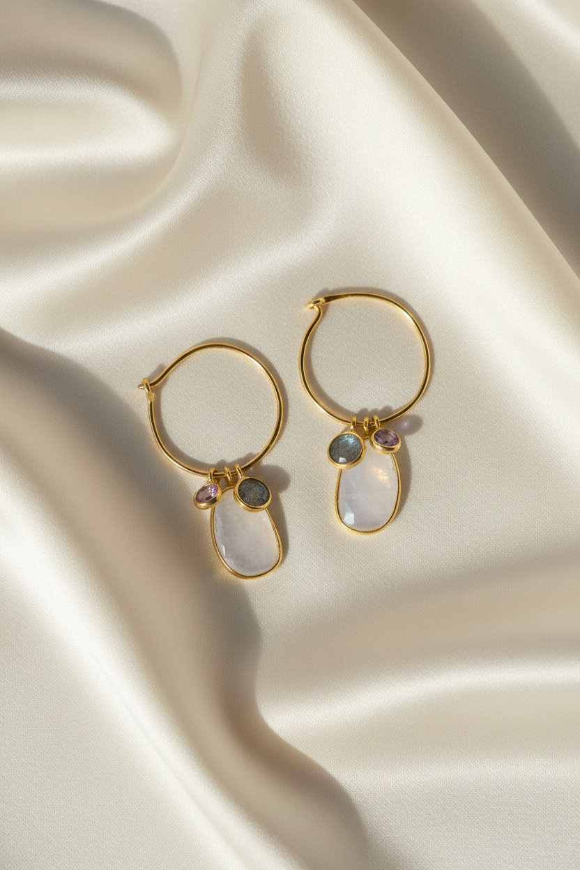 Gemstone hoop earrings on cream silk fabric