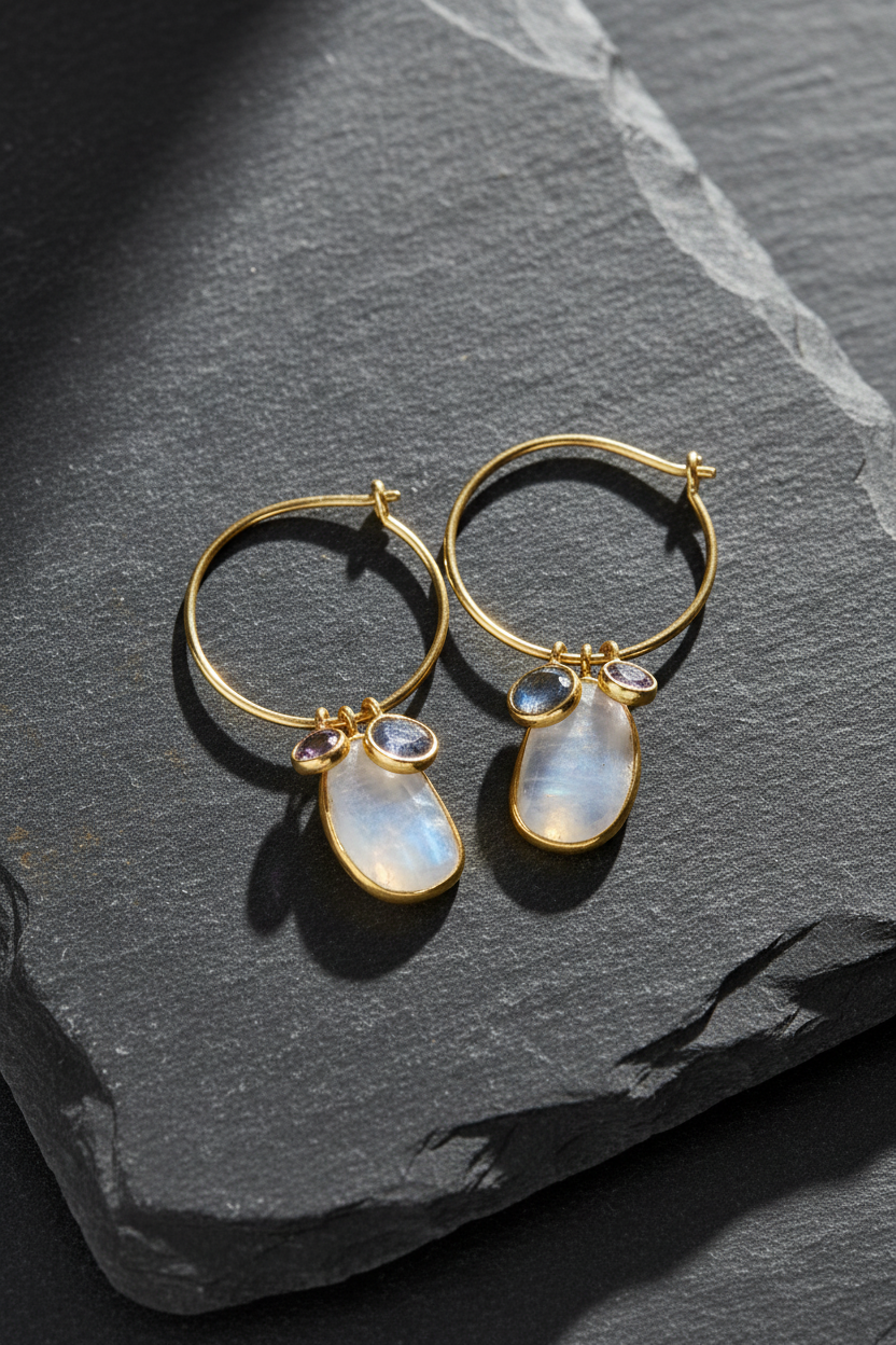 Gemstone hoop earrings on slate stone