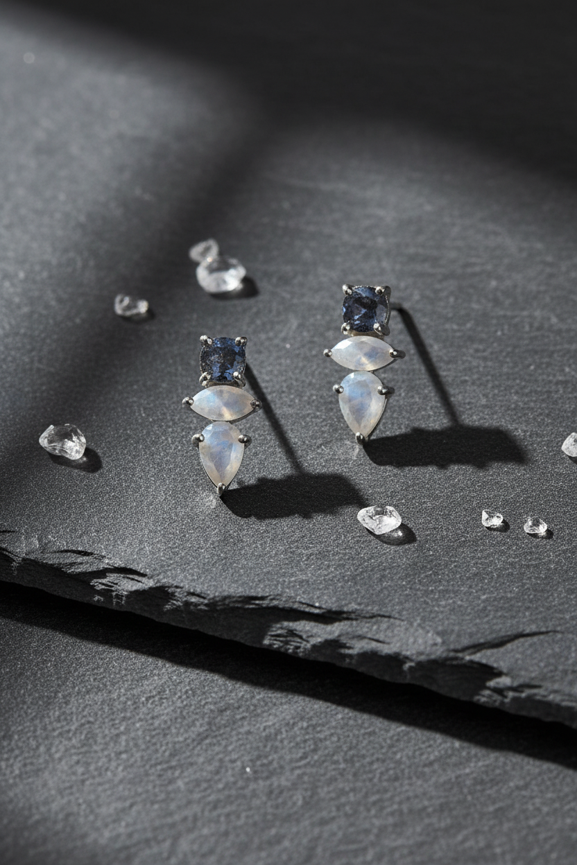 Geometric gemstone earrings on slate stone