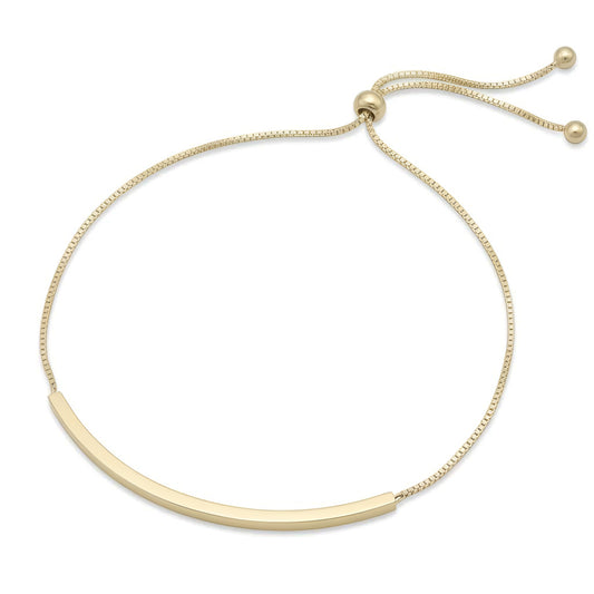 14 Karat Gold Plated Sterling Silver Bar Friendship Bolo Bracelet, Adjustable Box Chain, 9.25 Inch, 2mm x 47mm Polished Bar