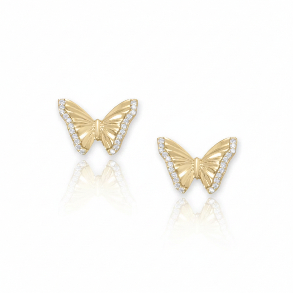 Gold Butterfly CZ Stud Earrings - White Background