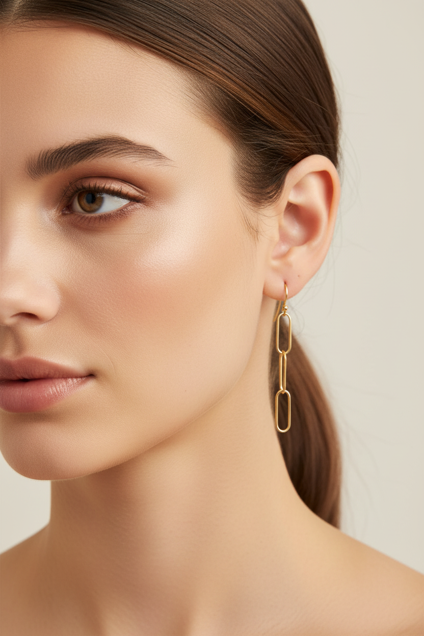 Gold Paperclip Drop Earrings - Model Wearing 52mm