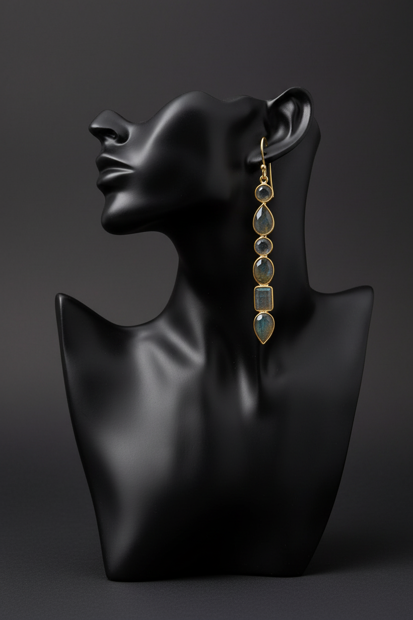 Gold-plated labradorite earrings on black mannequin