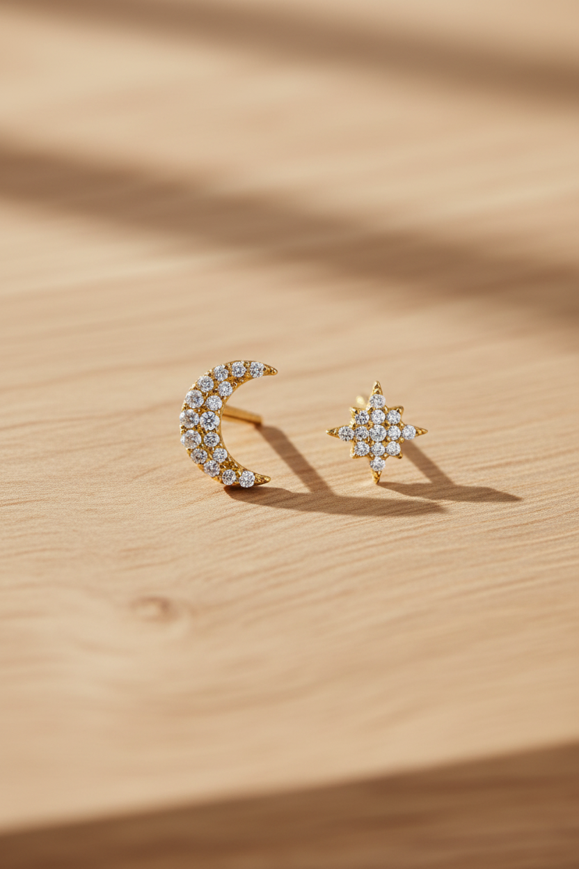 Golden celestial whispers studs on light oak wood