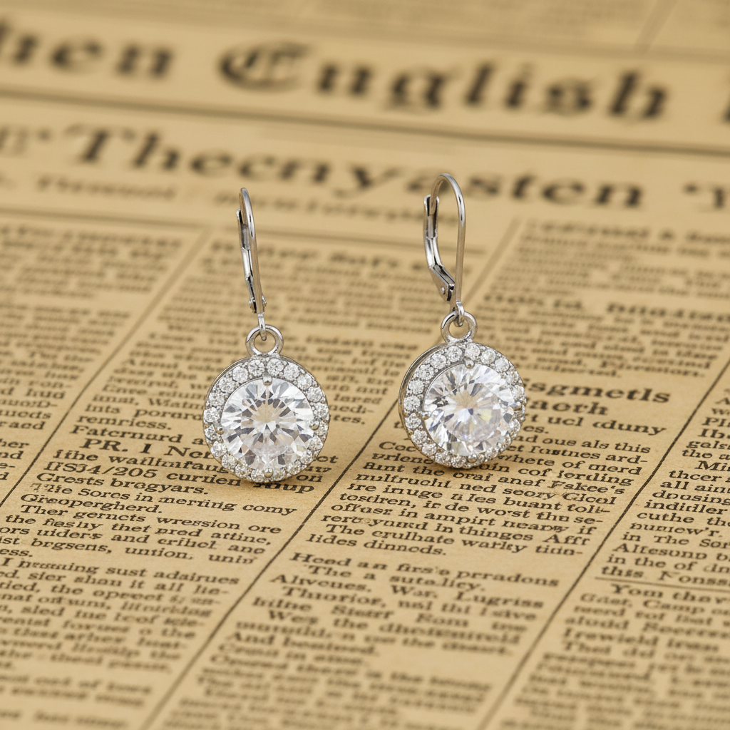 Halo CZ earrings on vintage newspaper