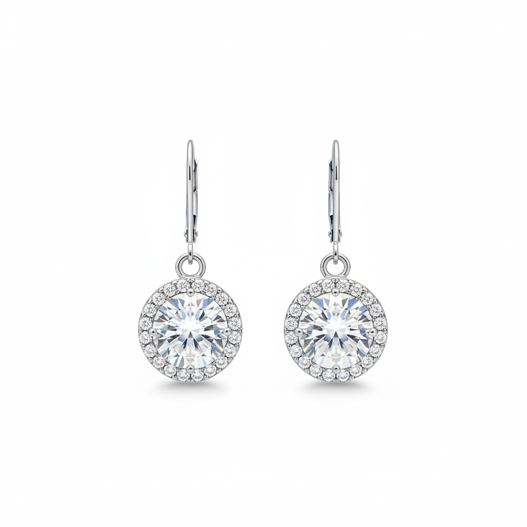 Halo CZ leverback earrings symmetrical view