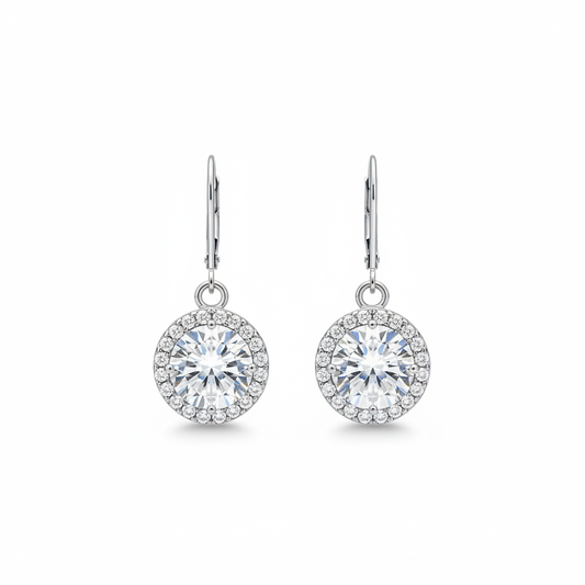 Halo CZ leverback earrings symmetrical view