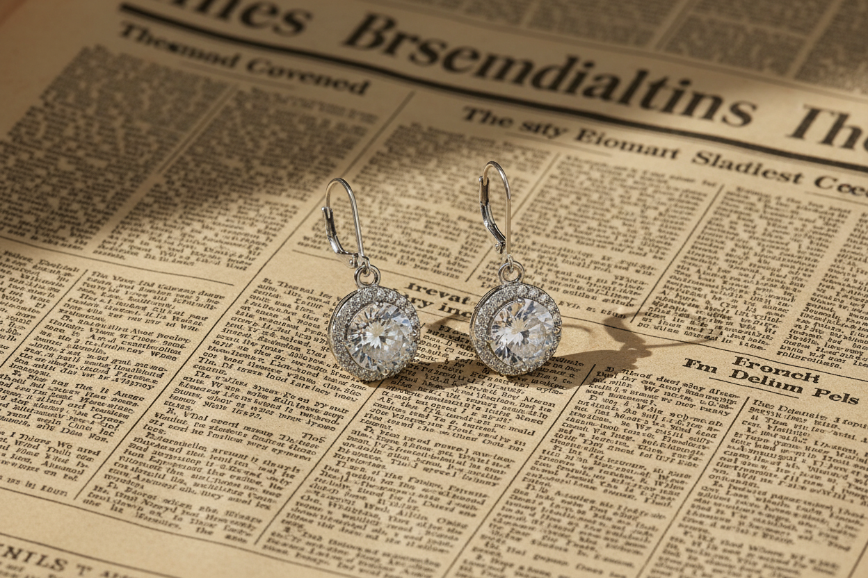 Halo earrings on old newspaper classifieds