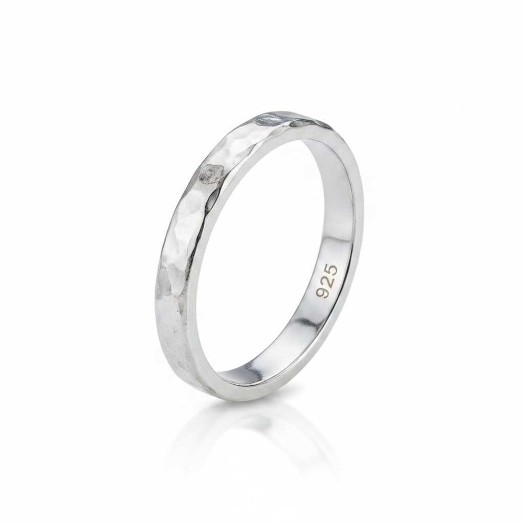 Hammered Flat Band Silver Ring Pure White Background Tilted Reflection 1x1
