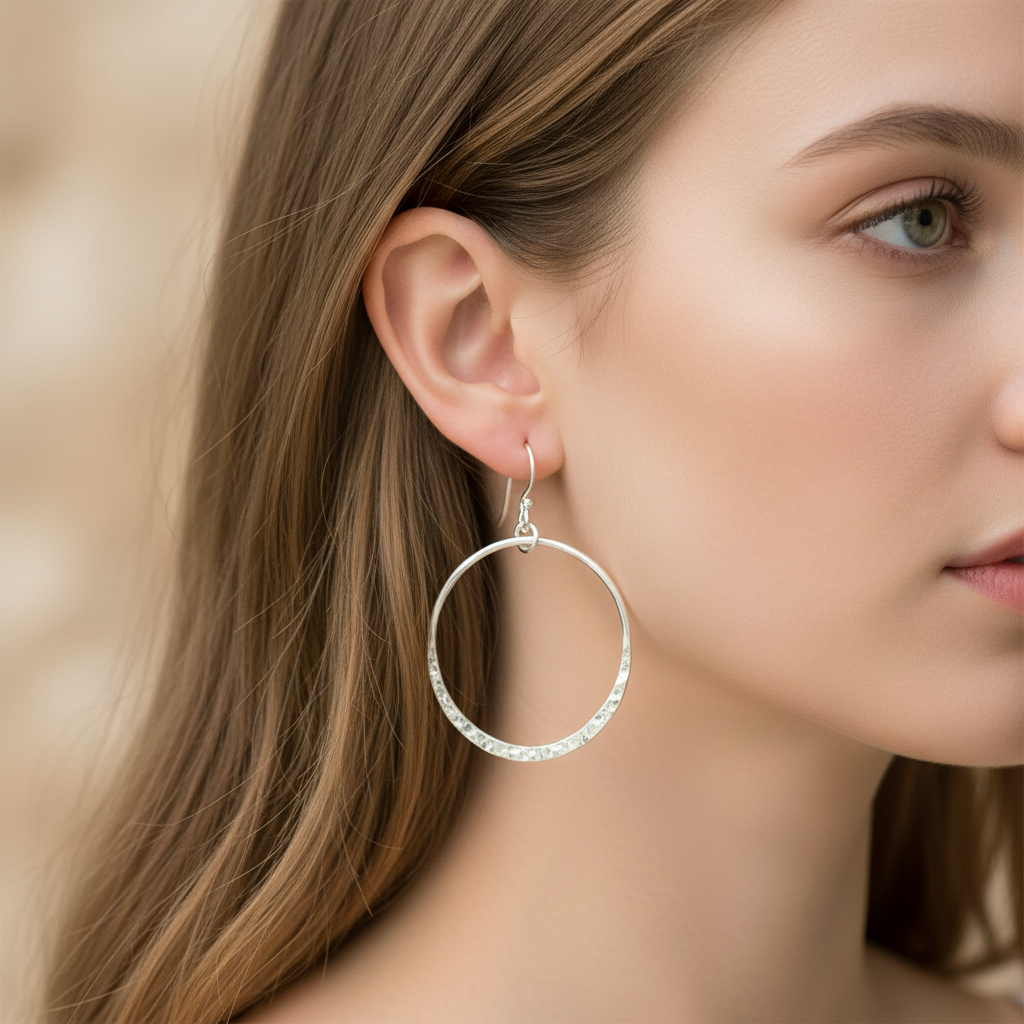 Hammered Open Circle Hoop Drop Earrings Sterling Silver Model Ear Warm Bokeh Sharp Clear 1x1