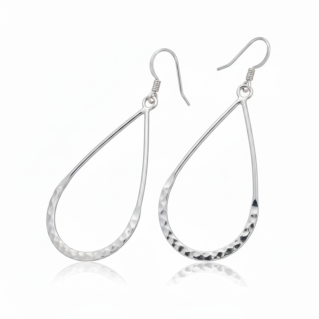 Hammered Teardrop Silver Earrings - Clean White Background