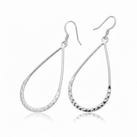 Hammered Teardrop Silver Earrings - Clean White Background