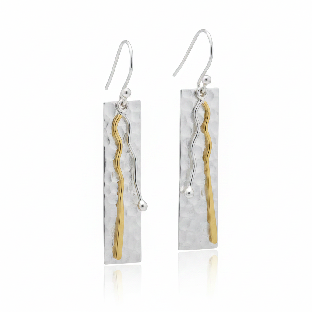 Hammered Two-Tone Rectangle Earrings - White Background