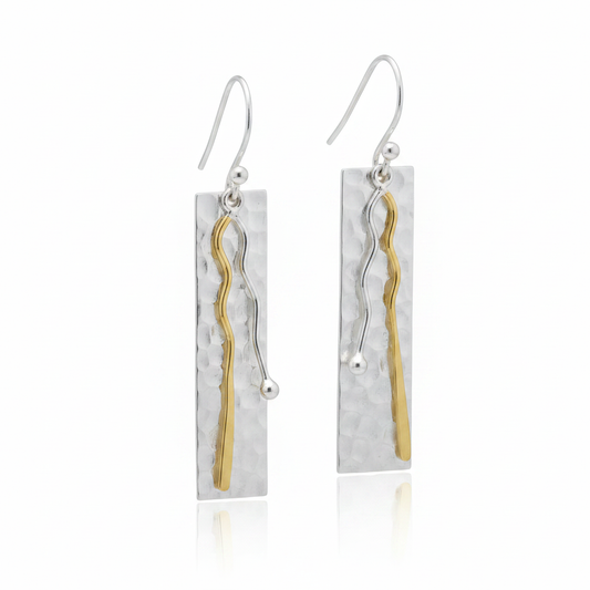 Hammered Two-Tone Rectangle Earrings - White Background