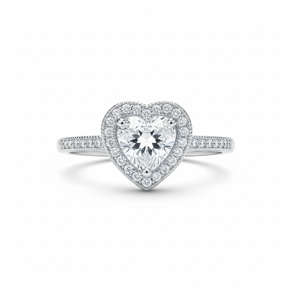 Heart CZ Halo Ring Front View Pure White Background 1x1