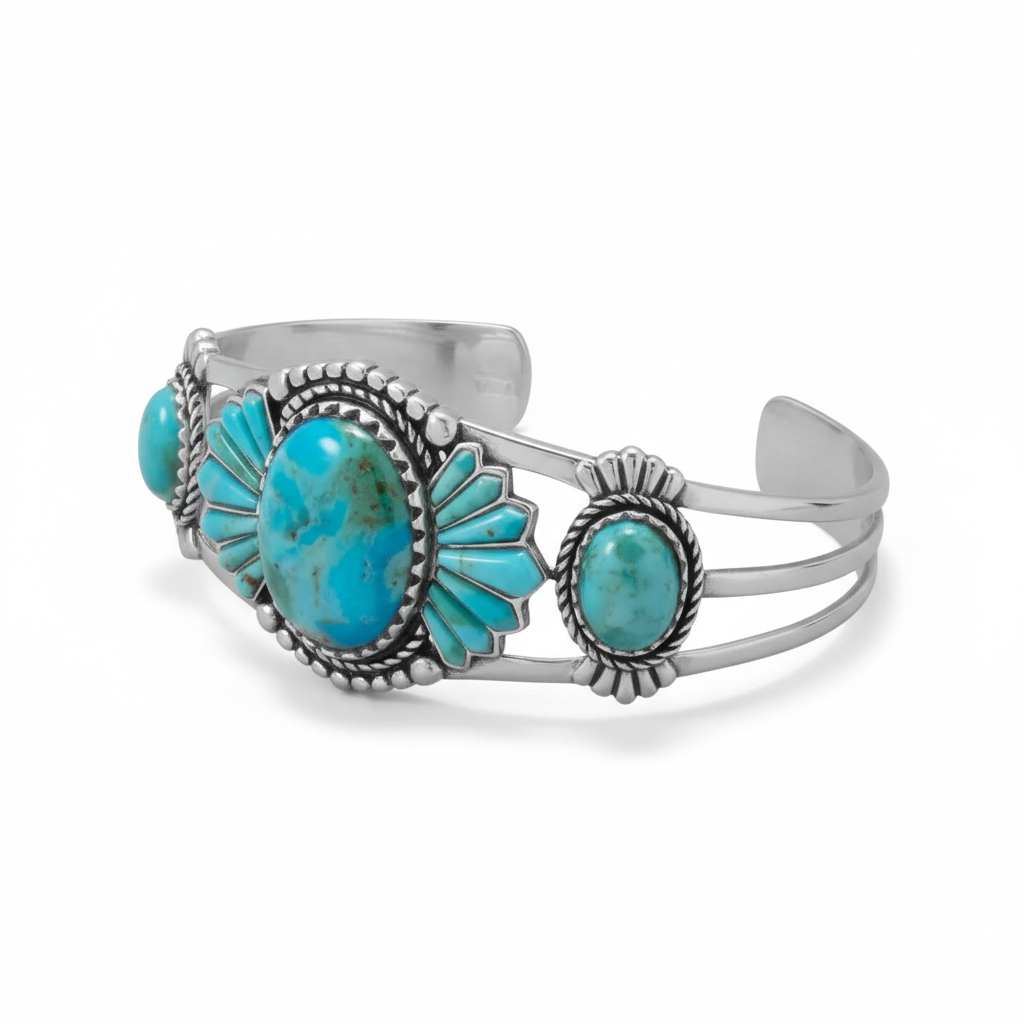High Quality Silver Turquoise Cuff Bracelet - Different Angle