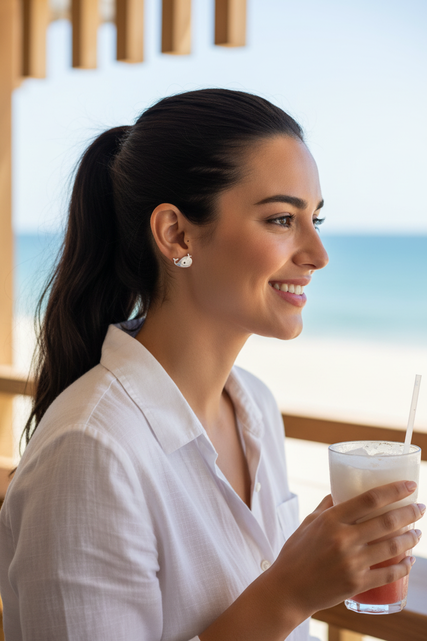 Hispanic woman at beach café