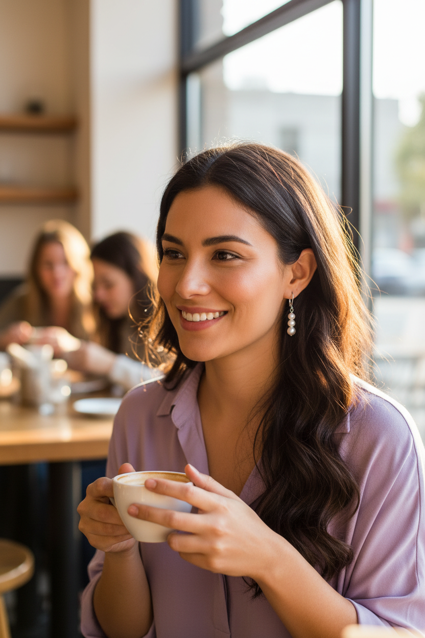 Hispanic woman at bright café