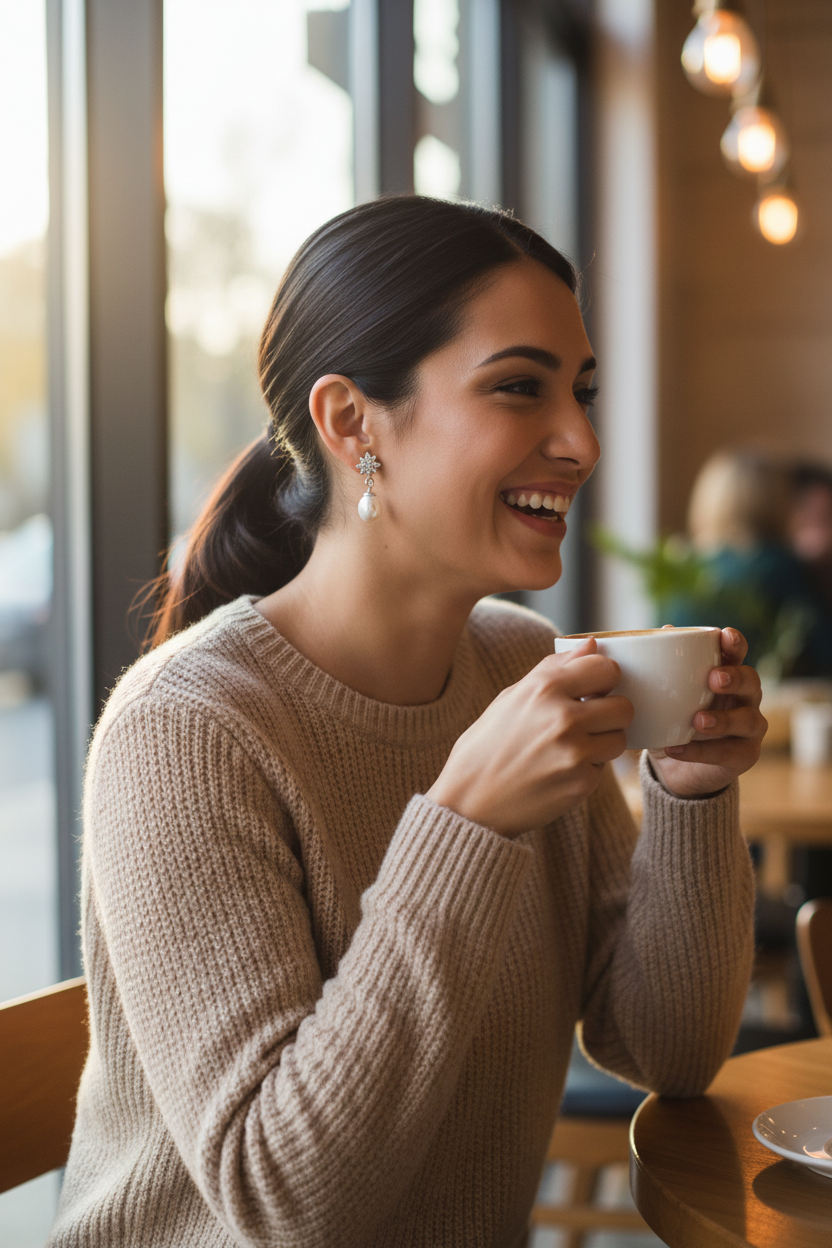 Hispanic woman at café wearing pearl drop earrings