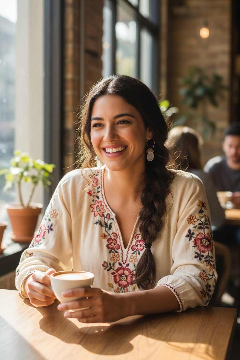 Hispanic woman at café