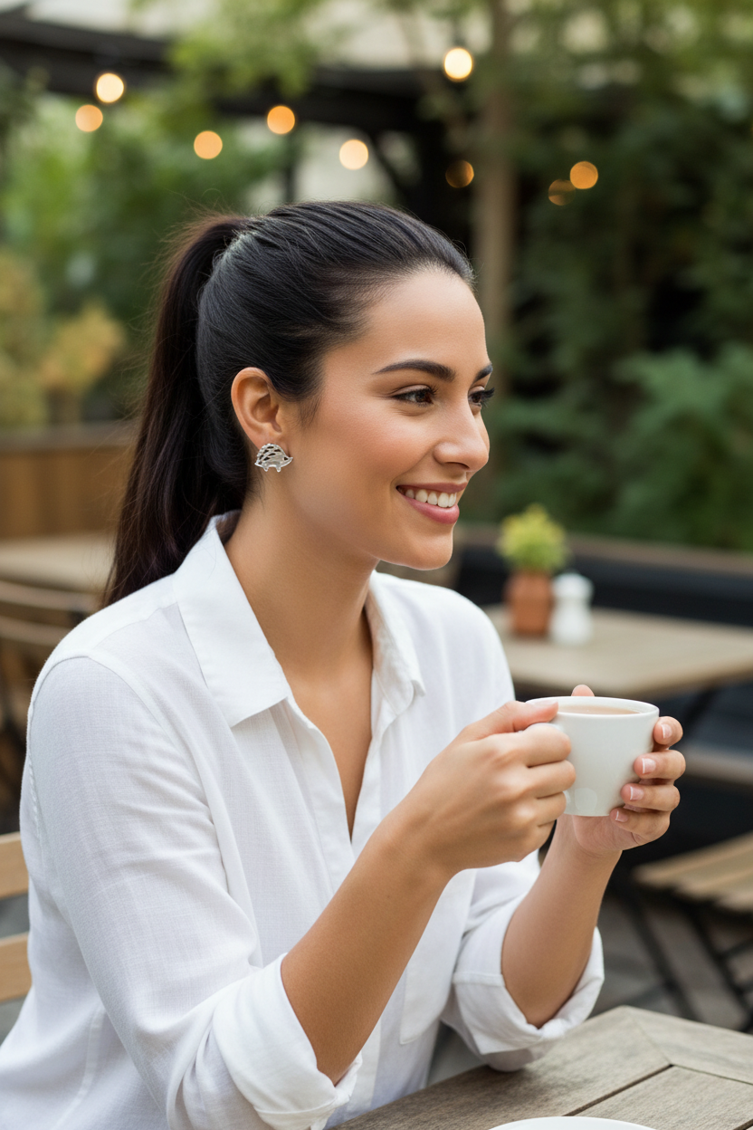 Hispanic woman at garden café