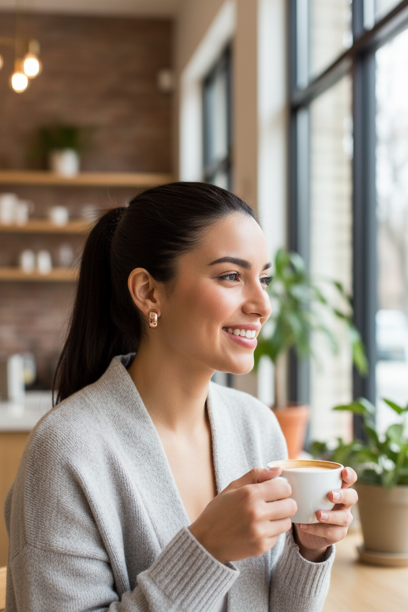 Hispanic woman at modern café