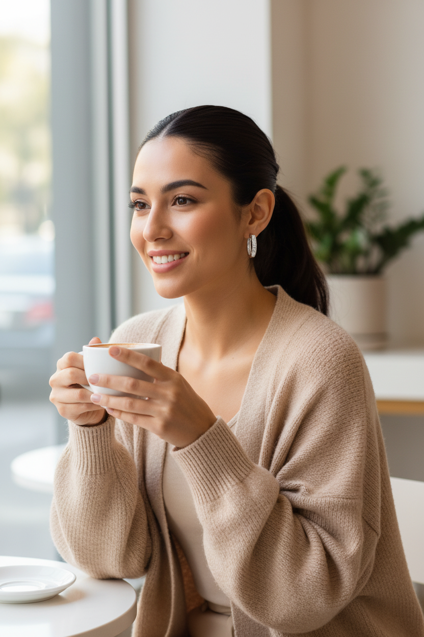 Hispanic woman at modern café