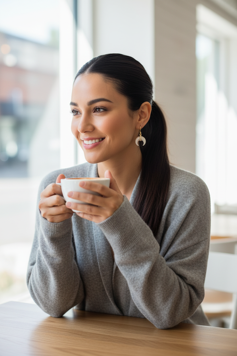 Hispanic woman at modern café