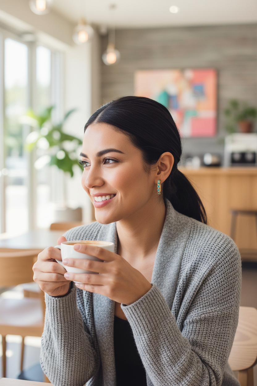 Hispanic woman at modern café