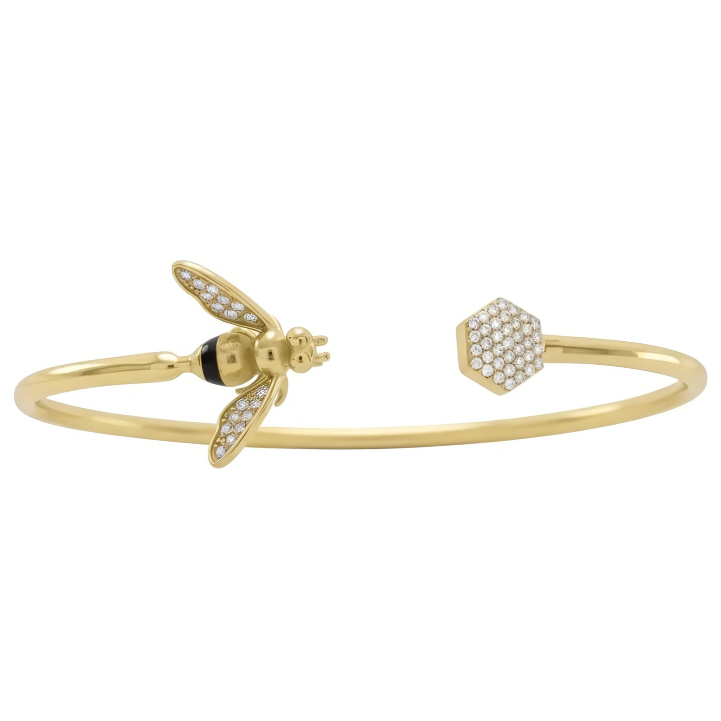 14K Gold Plated Sterling Silver Honeybee Cuff Bracelet, CZ Wings, 2.5mm Flex Band with Honeycomb Ends