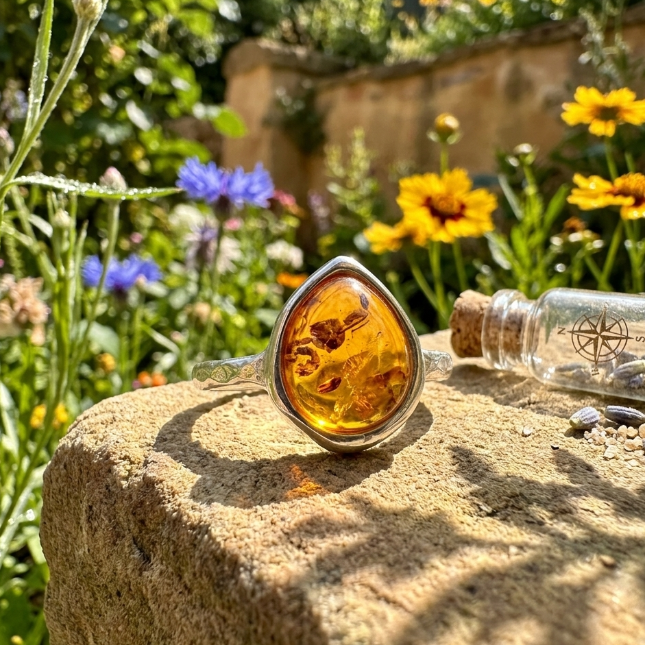 Hammered Pear Baltic Amber Ring 925 Sterling Silver 8.8x7.9mm Poland Sizes 5-10