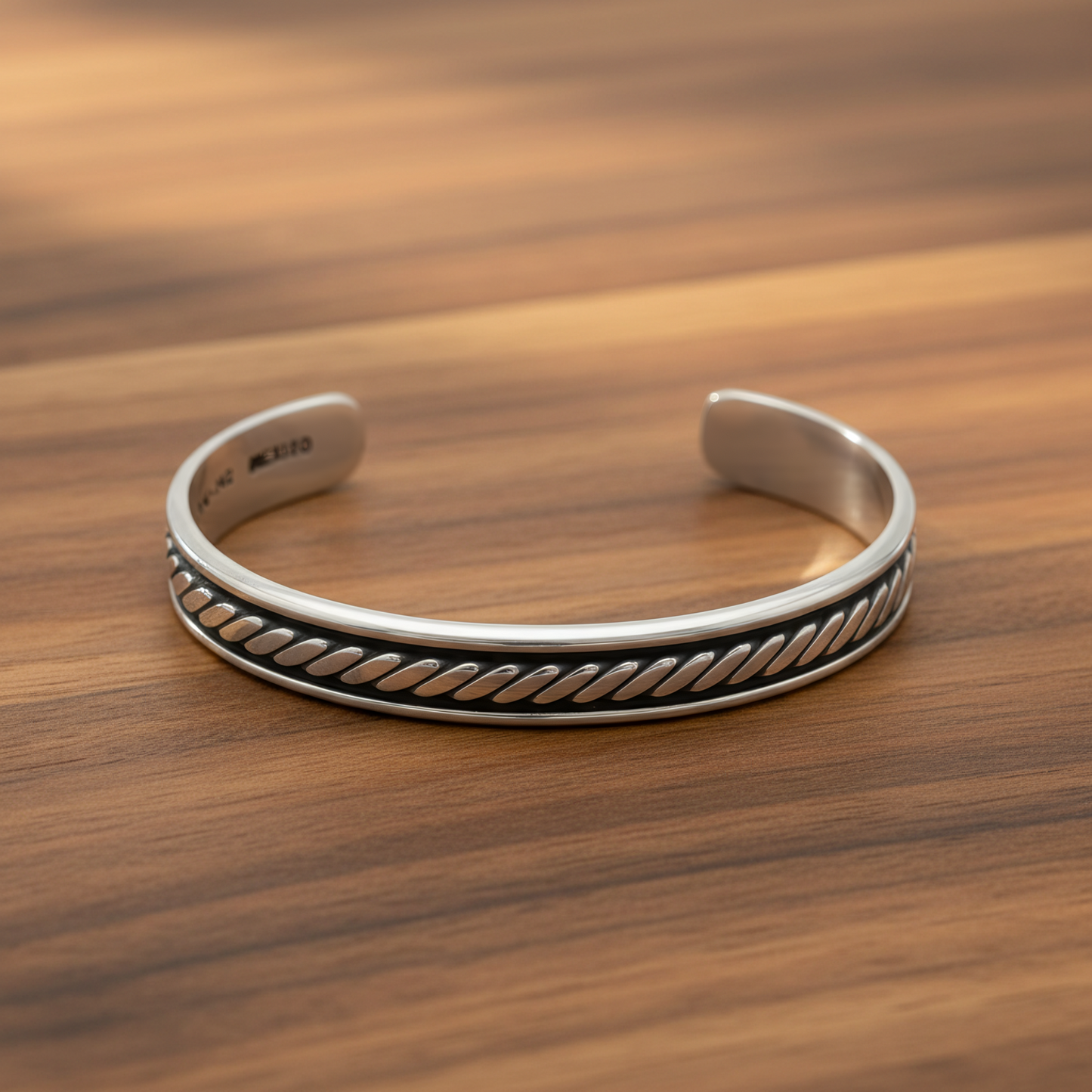 Sterling Silver Oxidized Rope Design Cuff Bracelet, Men's, Handmade in Mexico, 62mm x 47mm Wide, .925 Silver