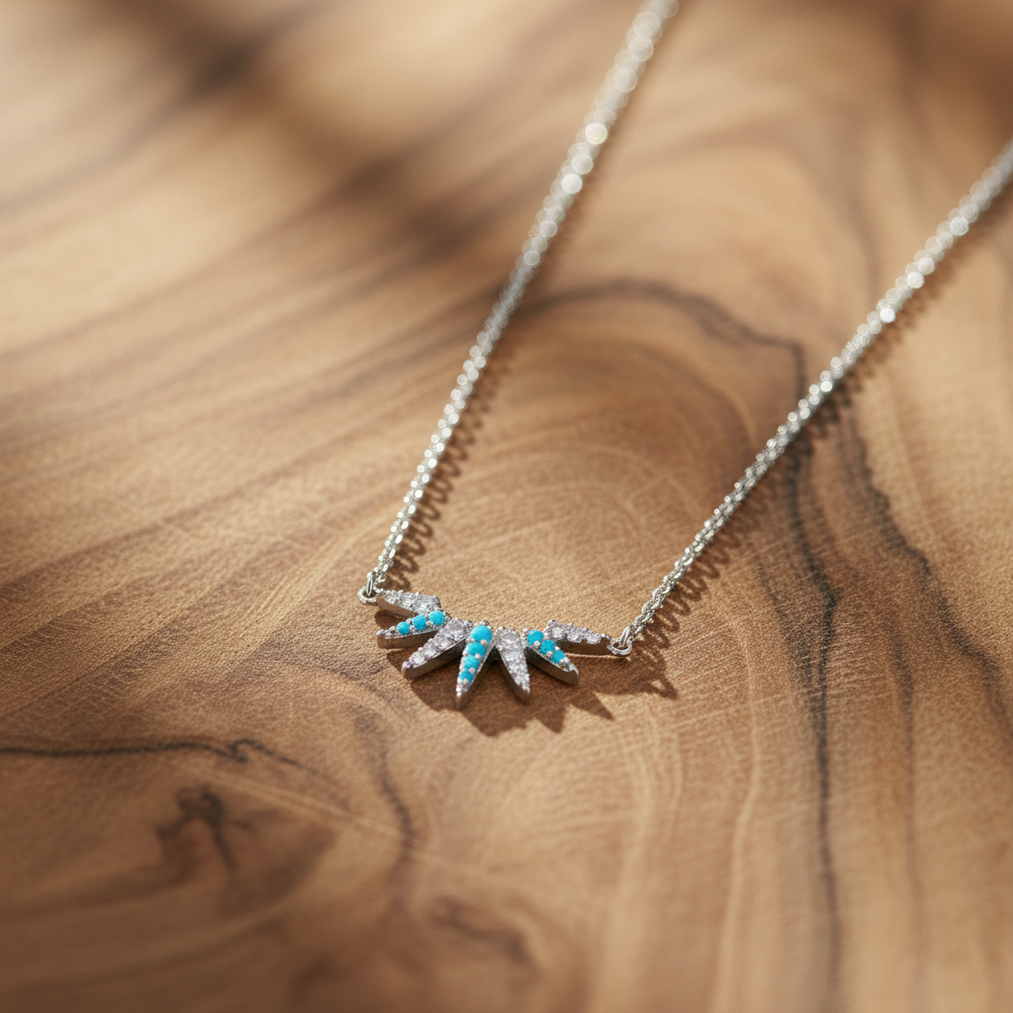 Turquoise CZ Sunray Necklace 925 Sterling Silver Rhodium 20mm 16+2 Inch