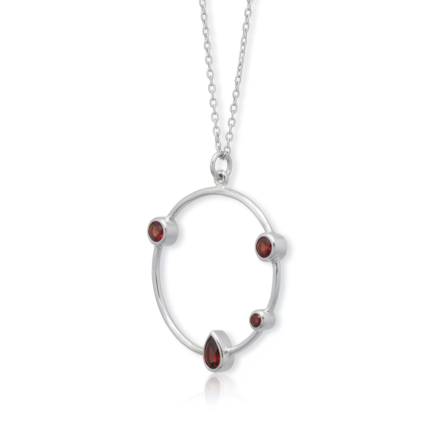 Sterling Silver Rhodium Plated Hammered Circle Pendant Necklace with Garnet Stones, 16 Inch Chain with 2 Inch Extender