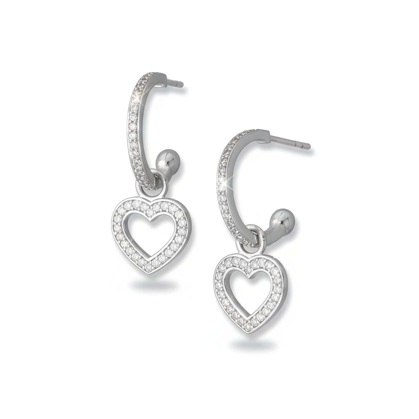 Sterling Silver CZ Heart Charm Hoop Earrings, Rhodium Plated, 26.5mm Length, Removable Heart Design