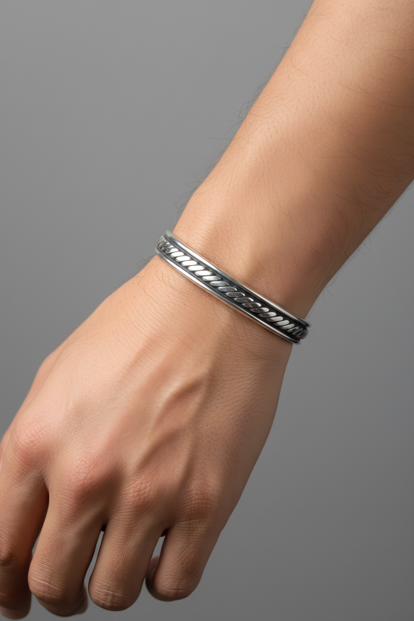 Sterling Silver Oxidized Rope Design Cuff Bracelet, Men's, Handmade in Mexico, 62mm x 47mm Wide, .925 Silver