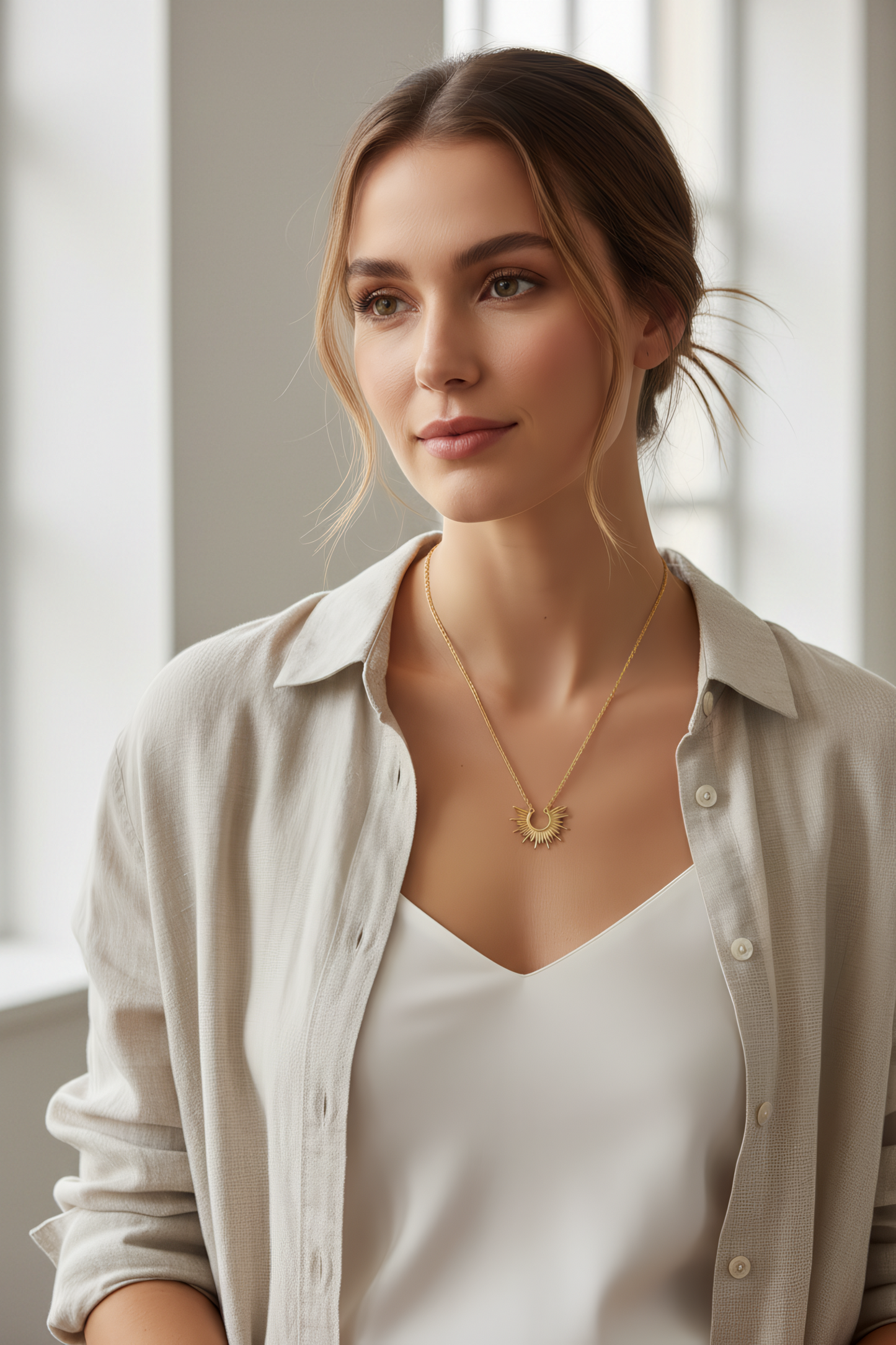 14 Karat Gold Plated Sterling Silver Mini Sunburst Pendant Necklace, 16 Inch Chain with 2 Inch Extender, Lobster Clasp, 15mm x 11.2mm